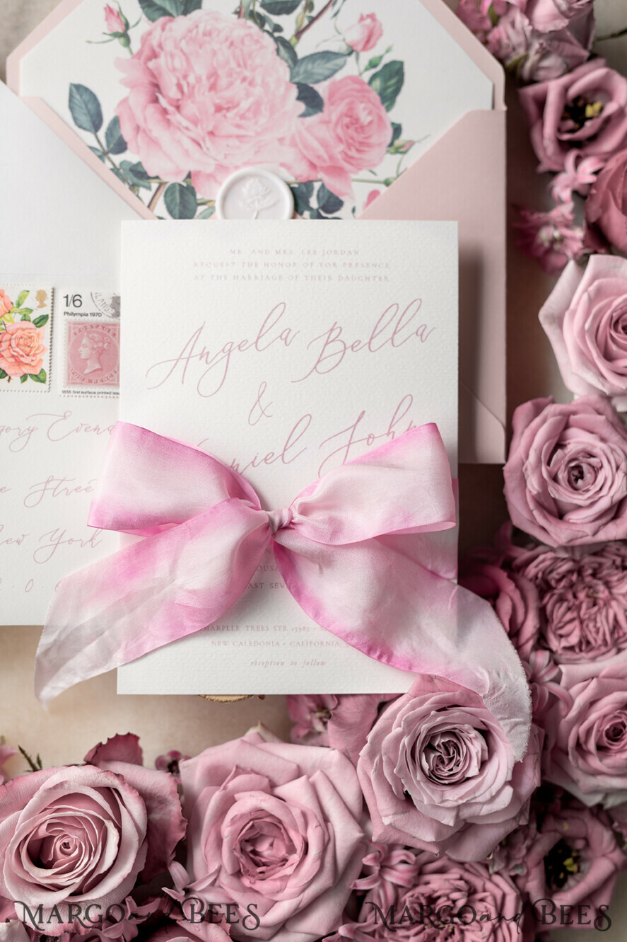 WEDDING INVITATIONS Elegant Invites Classic Cards Romantic Personalized Wedding Invitations Vintage Roses Stationery Handmade Silk Bow Blush Pink Envelope with Monogram Liner