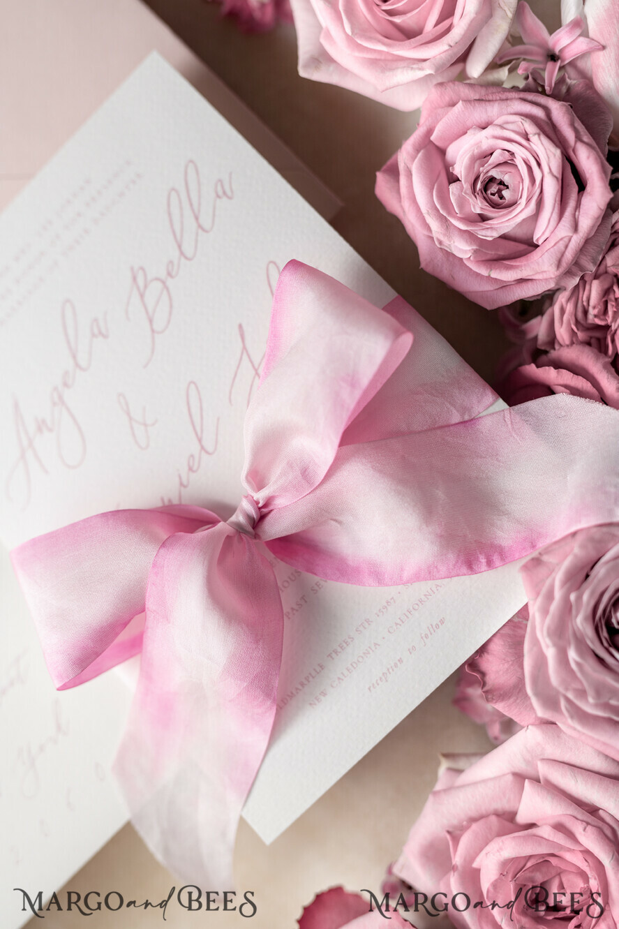 WEDDING INVITATIONS Elegant Invites Classic Cards Romantic Personalized Wedding Invitations Vintage Roses Stationery Handmade Silk Bow Blush Pink Envelope with Monogram Liner