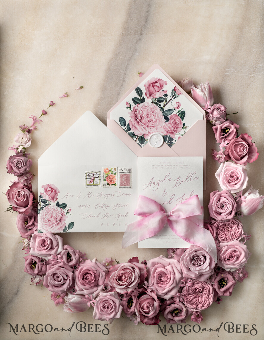 WEDDING INVITATIONS Elegant Invites Classic Cards Romantic Personalized Wedding Invitations Vintage Roses Stationery Handmade Silk Bow Blush Pink Envelope with Monogram Liner