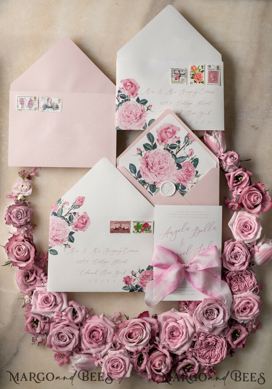 WEDDING INVITATIONS Elegant Invites Classic Cards Romantic Personalized Wedding Invitations Vintage Roses Stationery Handmade Silk Bow Blush Pink Envelope with Monogram Liner