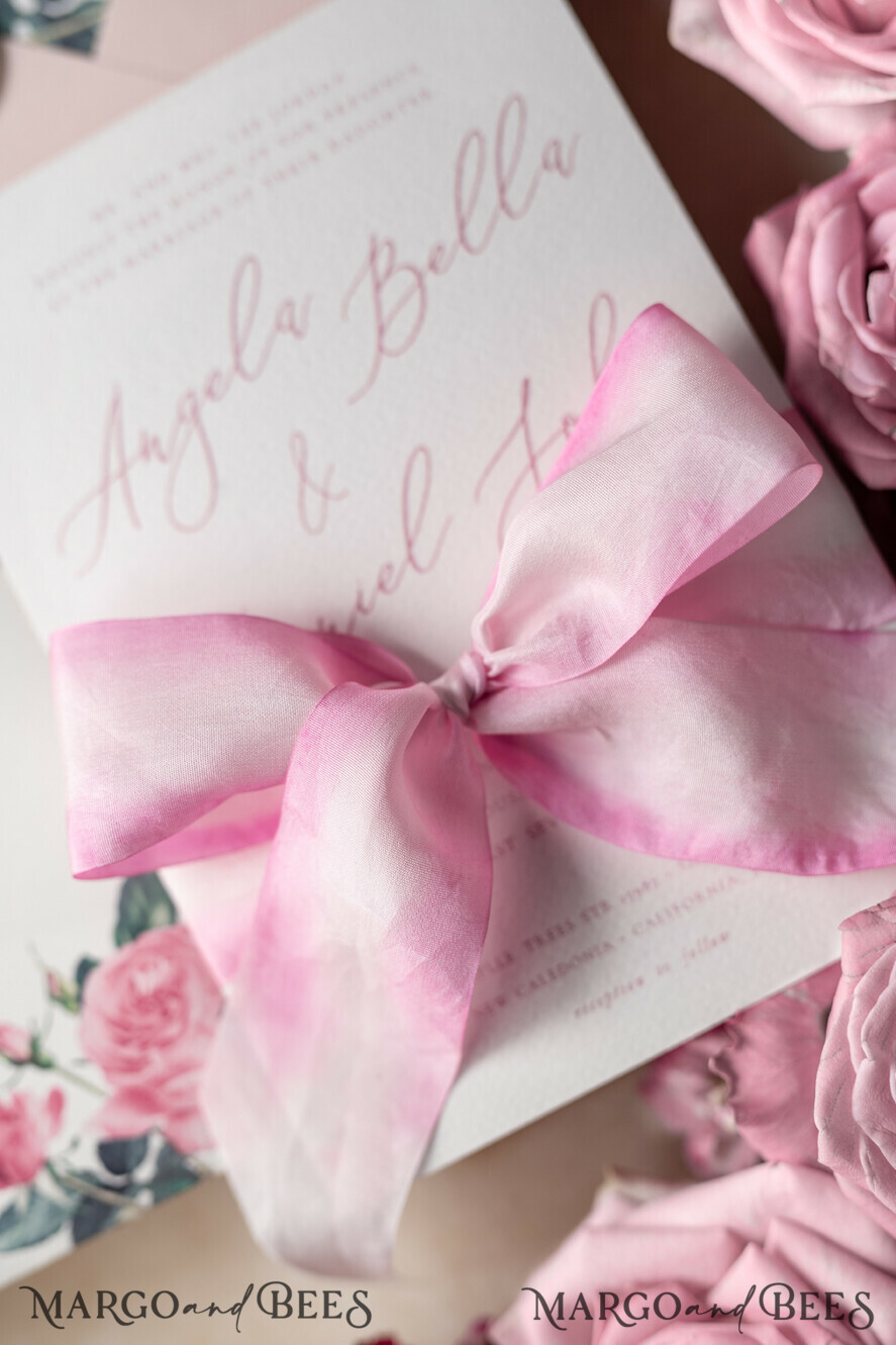 WEDDING INVITATIONS Elegant Invites Classic Cards Romantic Personalized Wedding Invitations Vintage Roses Stationery Handmade Silk Bow Blush Pink Envelope with Monogram Liner