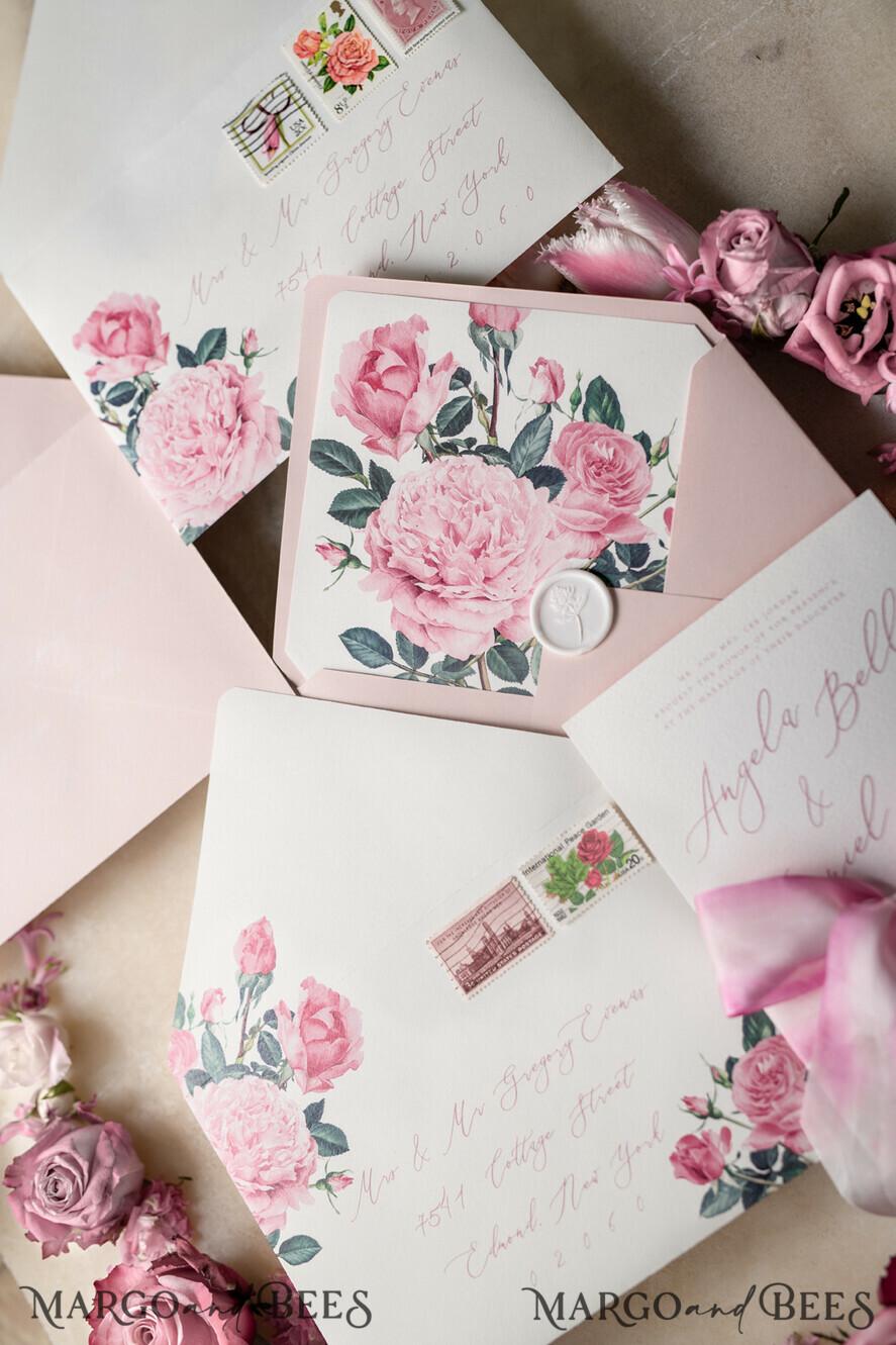 WEDDING INVITATIONS Elegant Invites Classic Cards Romantic Personalized Wedding Invitations Vintage Roses Stationery Handmade Silk Bow Blush Pink Envelope with Monogram Liner