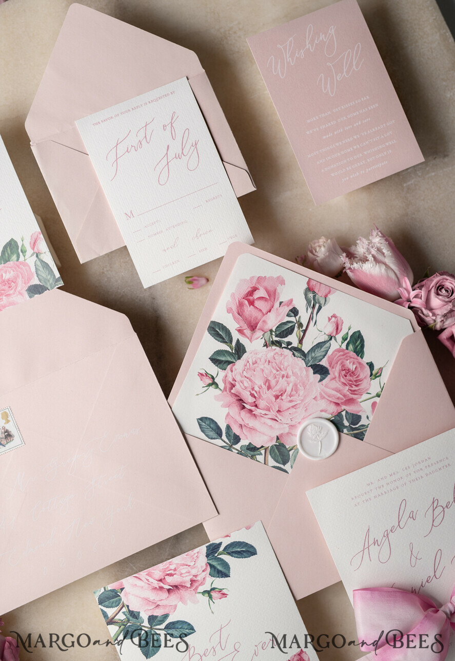WEDDING INVITATIONS Elegant Invites Classic Cards Romantic Personalized Wedding Invitations Vintage Roses Stationery Handmade Silk Bow Blush Pink Envelope with Monogram Liner