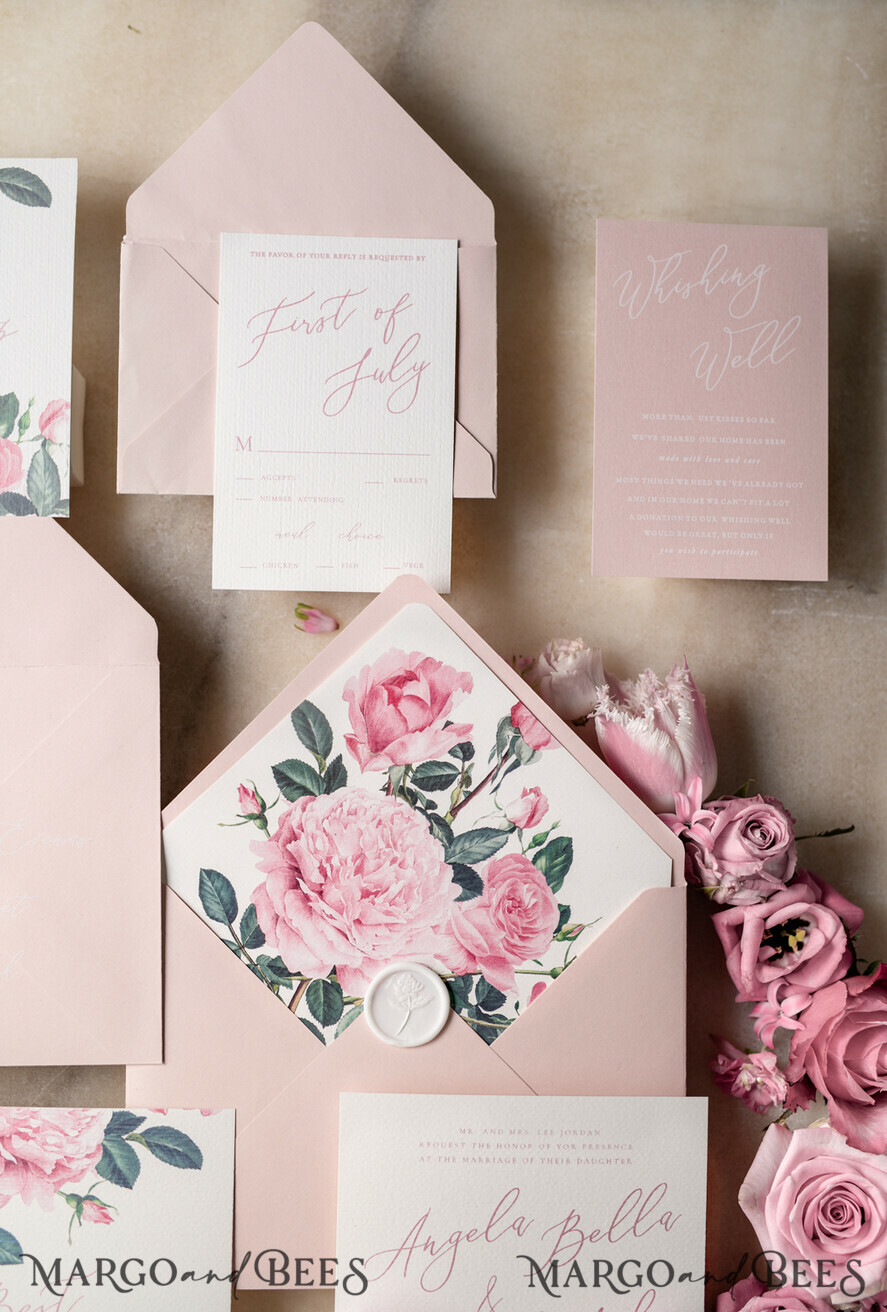 WEDDING INVITATIONS Elegant Invites Classic Cards Romantic Personalized Wedding Invitations Vintage Roses Stationery Handmade Silk Bow Blush Pink Envelope with Monogram Liner