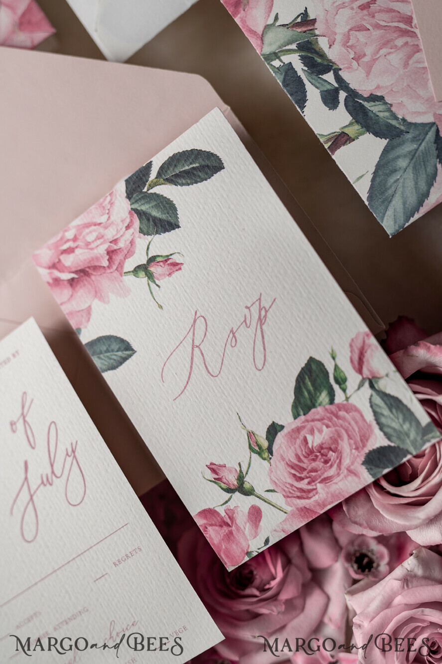WEDDING INVITATIONS Elegant Invites Classic Cards Romantic Personalized Wedding Invitations Vintage Roses Stationery Handmade Silk Bow Blush Pink Envelope with Monogram Liner