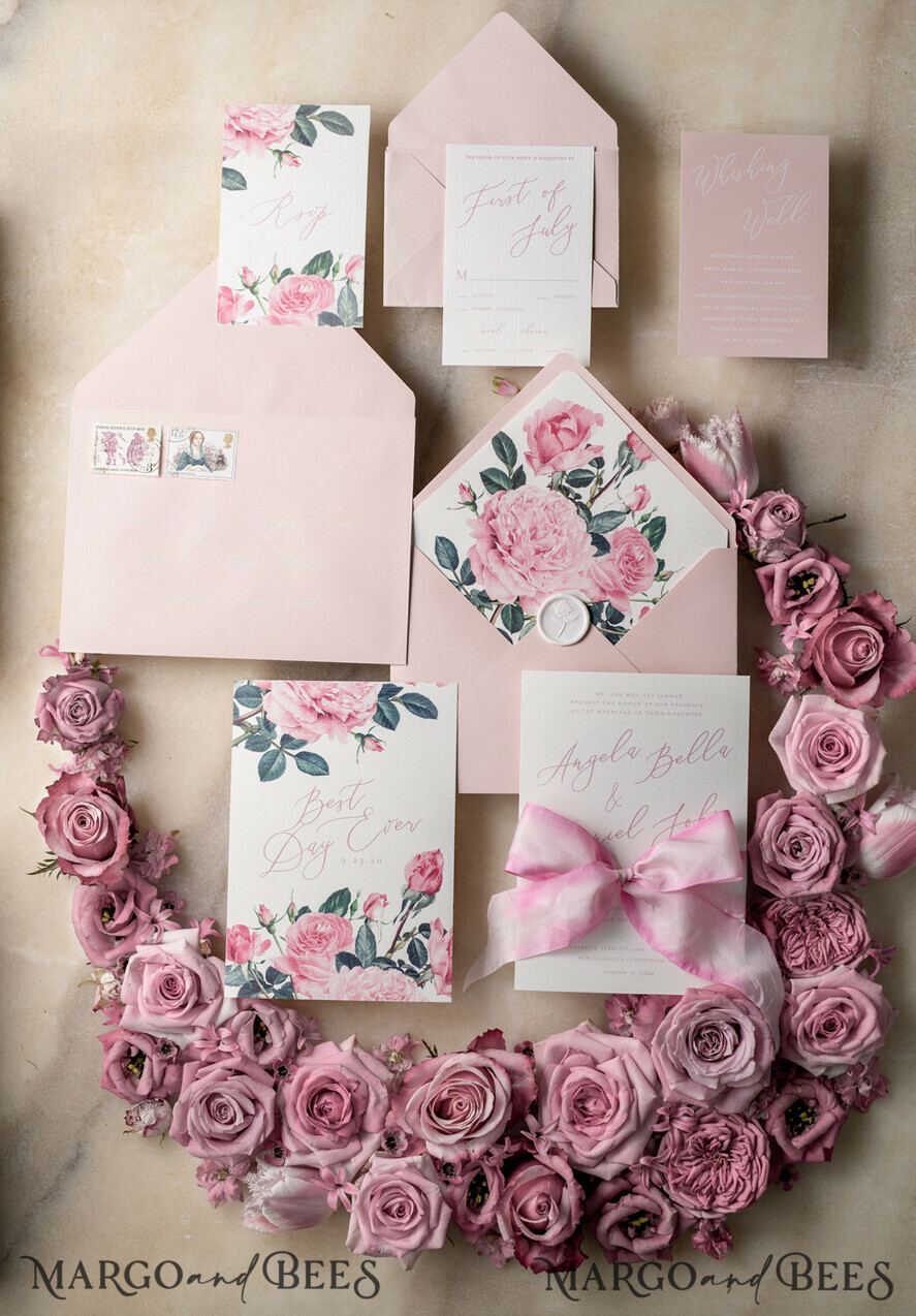 WEDDING INVITATIONS Elegant Invites Classic Cards Romantic Personalized Wedding Invitations Vintage Roses Stationery Handmade Silk Bow Blush Pink Envelope with Monogram Liner
