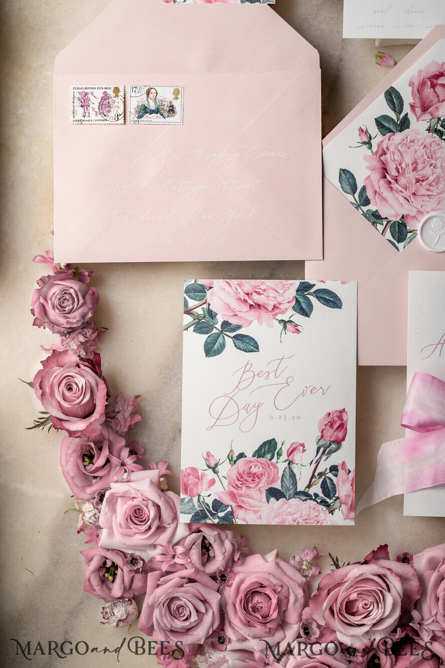 WEDDING INVITATIONS Elegant Invites Classic Cards Romantic Personalized Wedding Invitations Vintage Roses Stationery Handmade Silk Bow Blush Pink Envelope with Monogram Liner