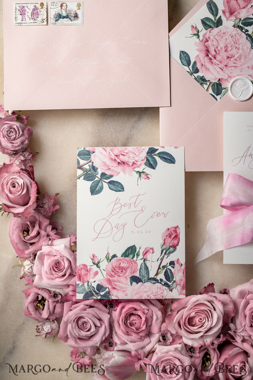 WEDDING INVITATIONS Elegant Invites Classic Cards Romantic Personalized Wedding Invitations Vintage Roses Stationery Handmade Silk Bow Blush Pink Envelope with Monogram Liner