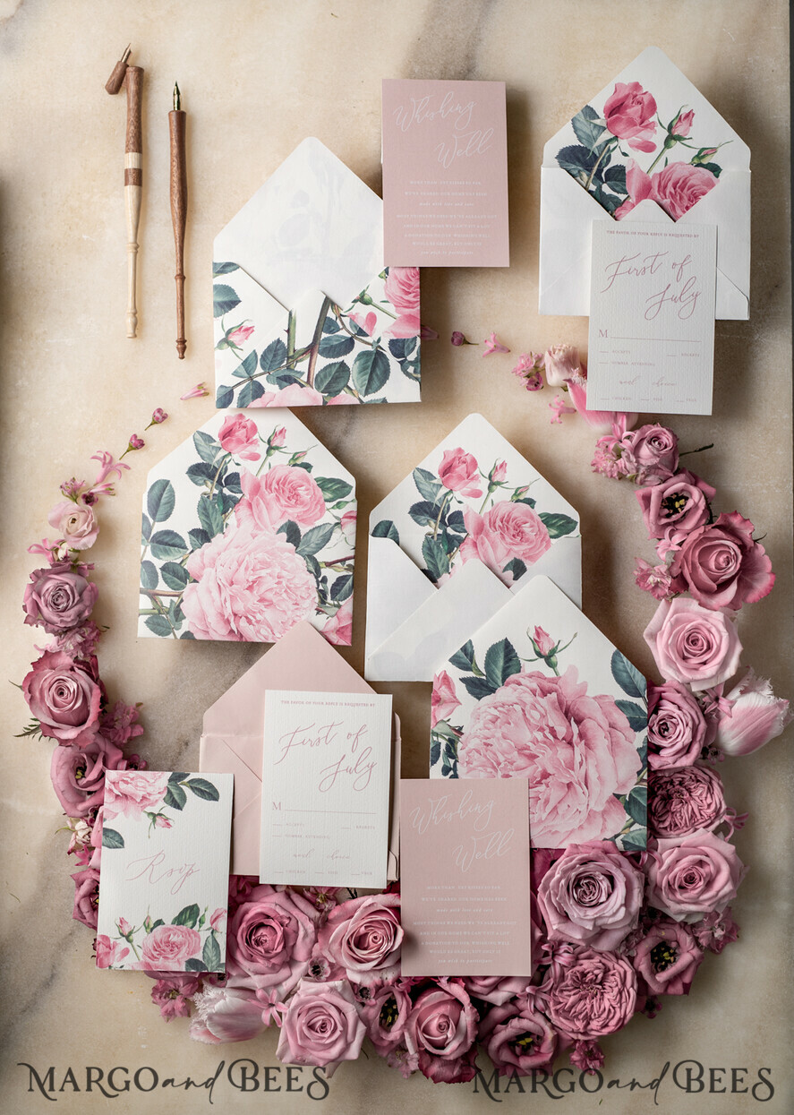 WEDDING INVITATIONS Elegant Invites Classic Cards Romantic Personalized Wedding Invitations Vintage Roses Stationery Handmade Silk Bow Blush Pink Envelope with Monogram Liner