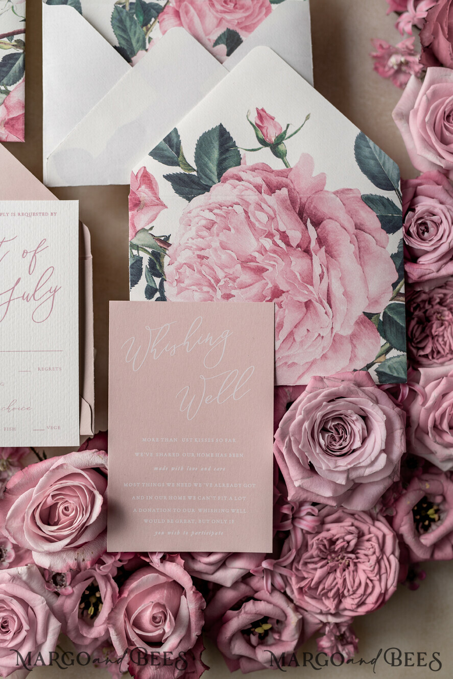 WEDDING INVITATIONS Elegant Invites Classic Cards Romantic Personalized Wedding Invitations Vintage Roses Stationery Handmade Silk Bow Blush Pink Envelope with Monogram Liner