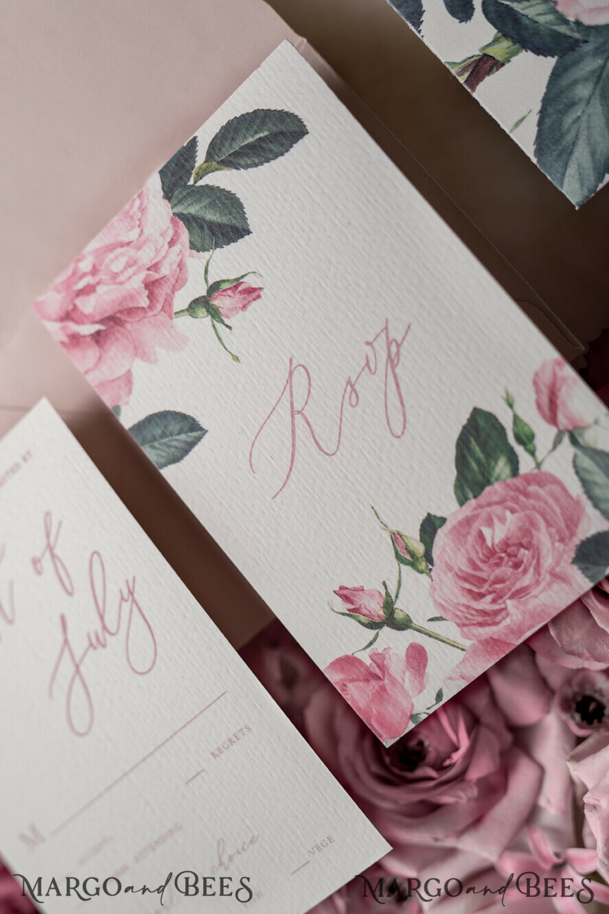 WEDDING INVITATIONS Elegant Invites Classic Cards Romantic Personalized Wedding Invitations Vintage Roses Stationery Handmade Silk Bow Blush Pink Envelope with Monogram Liner