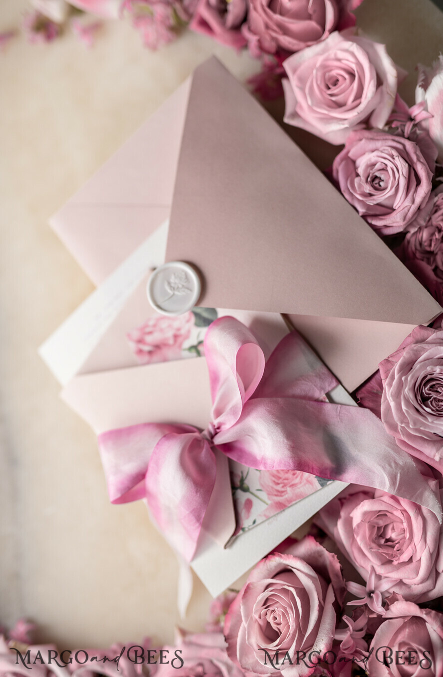 WEDDING INVITATIONS Elegant Invites Classic Cards Romantic Personalized Wedding Invitations Vintage Roses Stationery Handmade Silk Bow Blush Pink Envelope with Monogram Liner