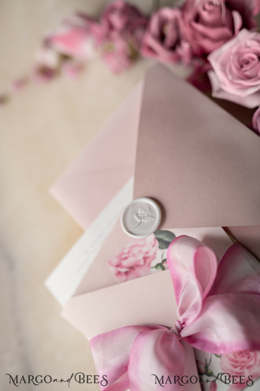 WEDDING INVITATIONS Elegant Invites Classic Cards Romantic Personalized Wedding Invitations Vintage Roses Stationery Handmade Silk Bow Blush Pink Envelope with Monogram Liner