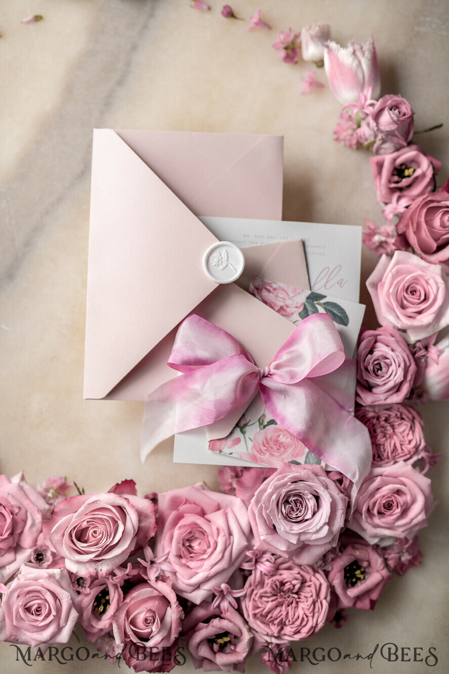 WEDDING INVITATIONS Elegant Invites Classic Cards Romantic Personalized Wedding Invitations Vintage Roses Stationery Handmade Silk Bow Blush Pink Envelope with Monogram Liner