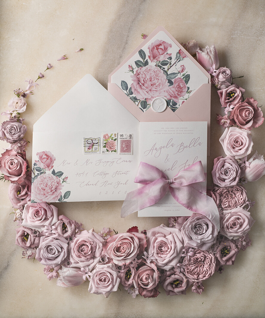 WEDDING INVITATIONS Elegant Invites Classic Cards Romantic Personalized Wedding Invitations Vintage Roses Stationery Handmade Silk Bow Blush Pink Envelope with Monogram Liner