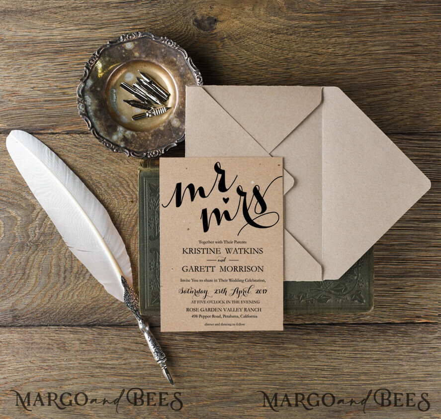WEDDING INVITATIONS Elegant Invites Classic Cards Cheap Wedding invitations Rustic Mrs and Mr Stationery Eco Craft Lace Suite with Wooden Heart and Twine Bow