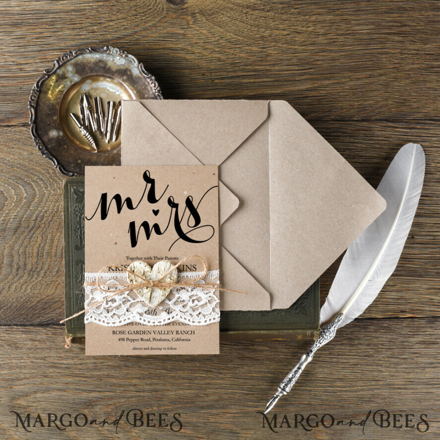 WEDDING INVITATIONS Elegant Invites Classic Cards Cheap Wedding invitations Rustic Mrs and Mr Stationery Eco Craft Lace Suite with Wooden Heart and Twine Bow