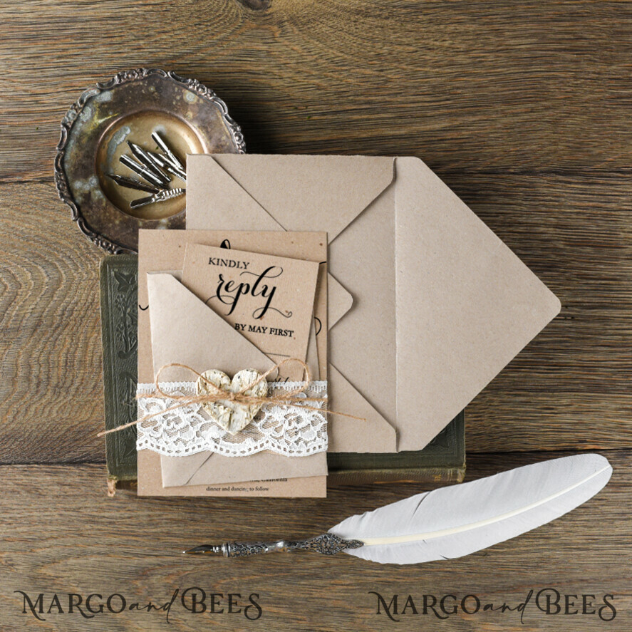 WEDDING INVITATIONS Elegant Invites Classic Cards Cheap Wedding invitations Rustic Mrs and Mr Stationery Eco Craft Lace Suite with Wooden Heart and Twine Bow