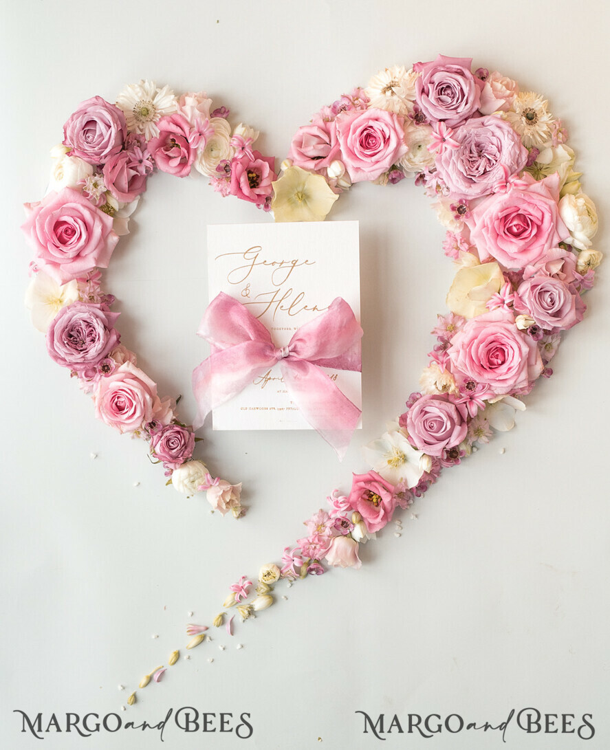 WEDDING INVITATIONS Elegant Invites Classic Cards Elegant Personalized Wedding Invitations Romantic Stationery with Vintage Garden Roses and Handmade Silk Bow Gold Foil Letters Blush Pink Envelope