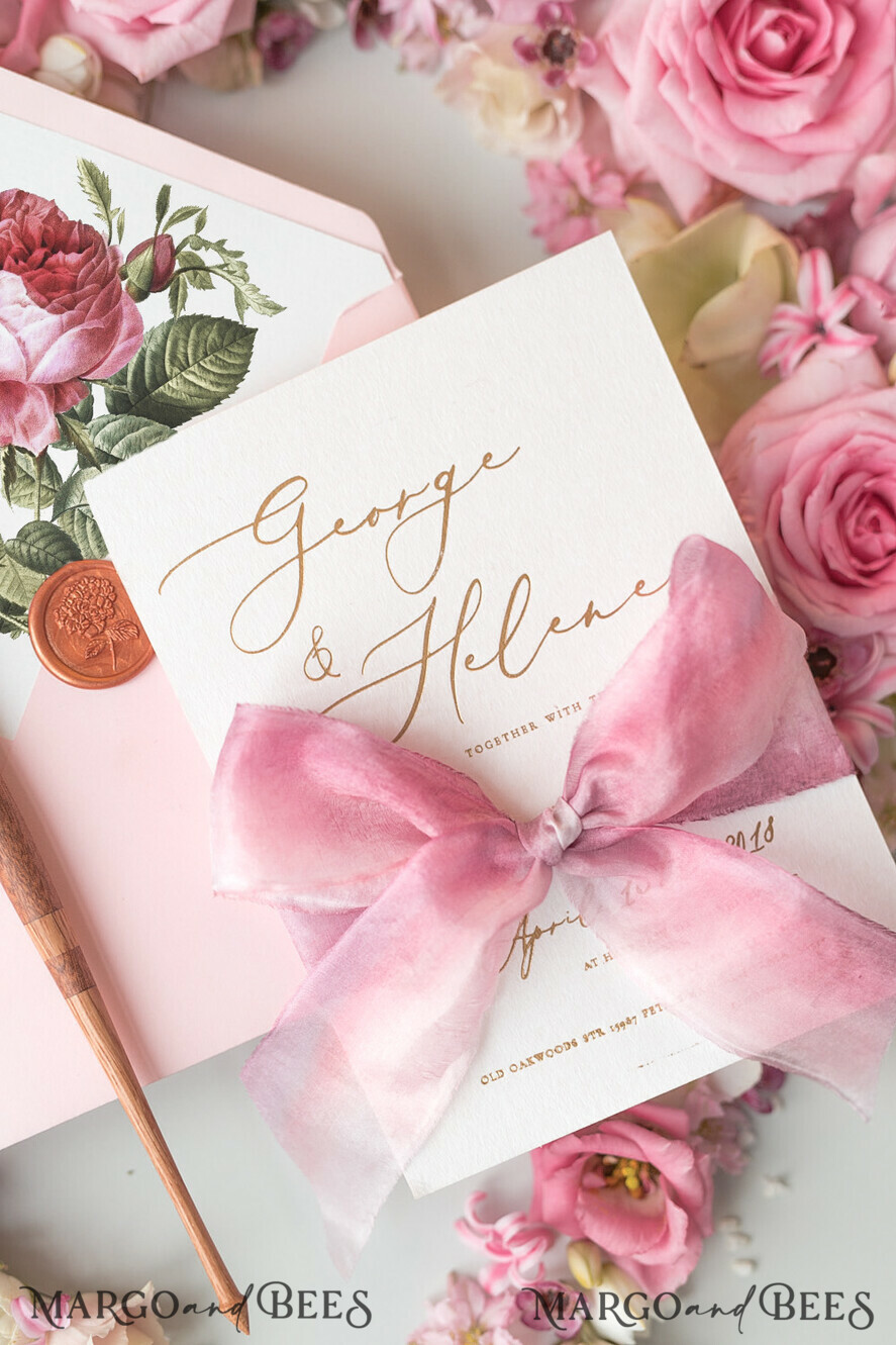 WEDDING INVITATIONS Elegant Invites Classic Cards Elegant Personalized Wedding Invitations Romantic Stationery with Vintage Garden Roses and Handmade Silk Bow Gold Foil Letters Blush Pink Envelope