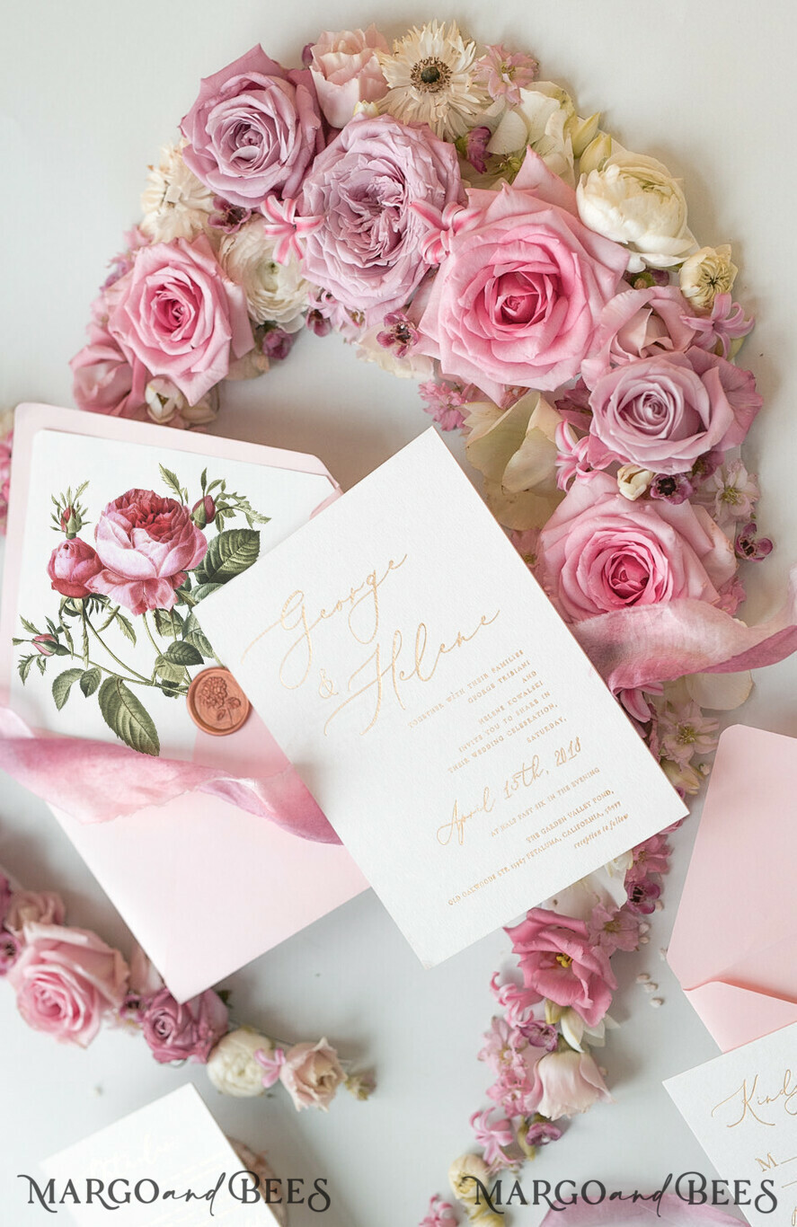 WEDDING INVITATIONS Elegant Invites Classic Cards Elegant Personalized Wedding Invitations Romantic Stationery with Vintage Garden Roses and Handmade Silk Bow Gold Foil Letters Blush Pink Envelope