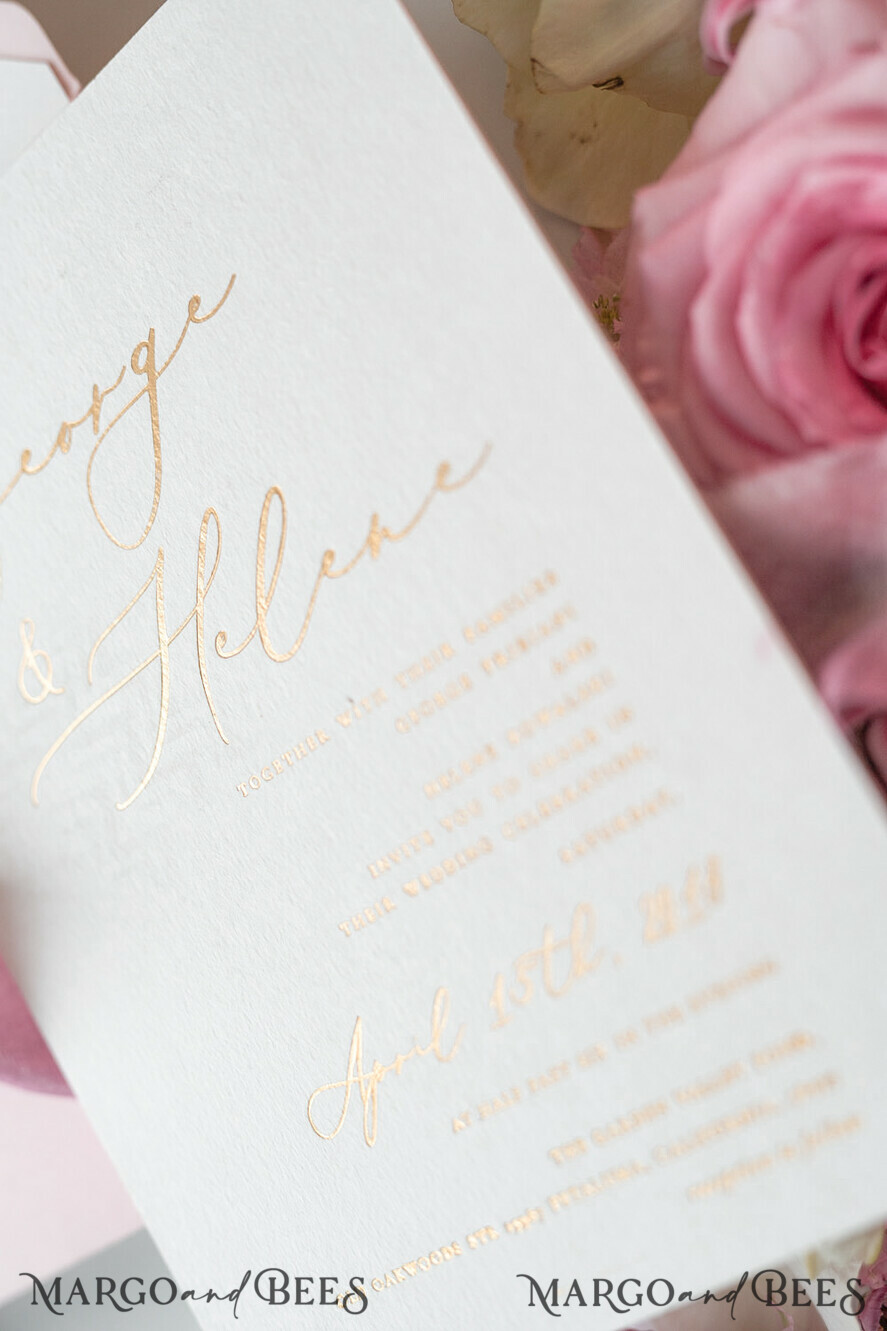WEDDING INVITATIONS Elegant Invites Classic Cards Elegant Personalized Wedding Invitations Romantic Stationery with Vintage Garden Roses and Handmade Silk Bow Gold Foil Letters Blush Pink Envelope