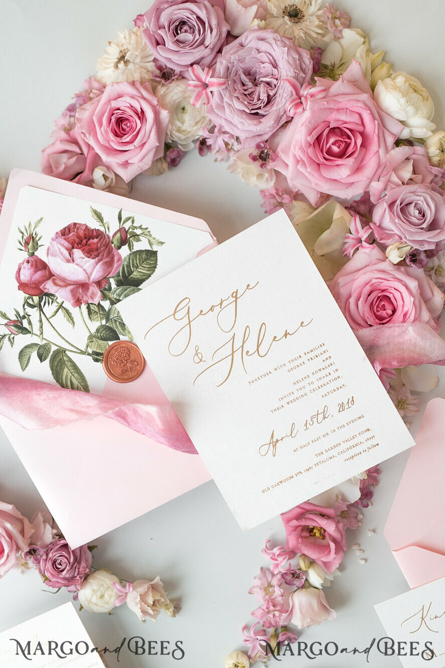 WEDDING INVITATIONS Elegant Invites Classic Cards Elegant Personalized Wedding Invitations Romantic Stationery with Vintage Garden Roses and Handmade Silk Bow Gold Foil Letters Blush Pink Envelope