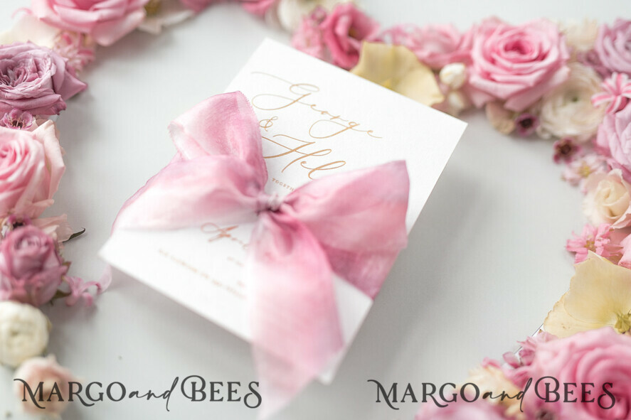 WEDDING INVITATIONS Elegant Invites Classic Cards Elegant Personalized Wedding Invitations Romantic Stationery with Vintage Garden Roses and Handmade Silk Bow Gold Foil Letters Blush Pink Envelope