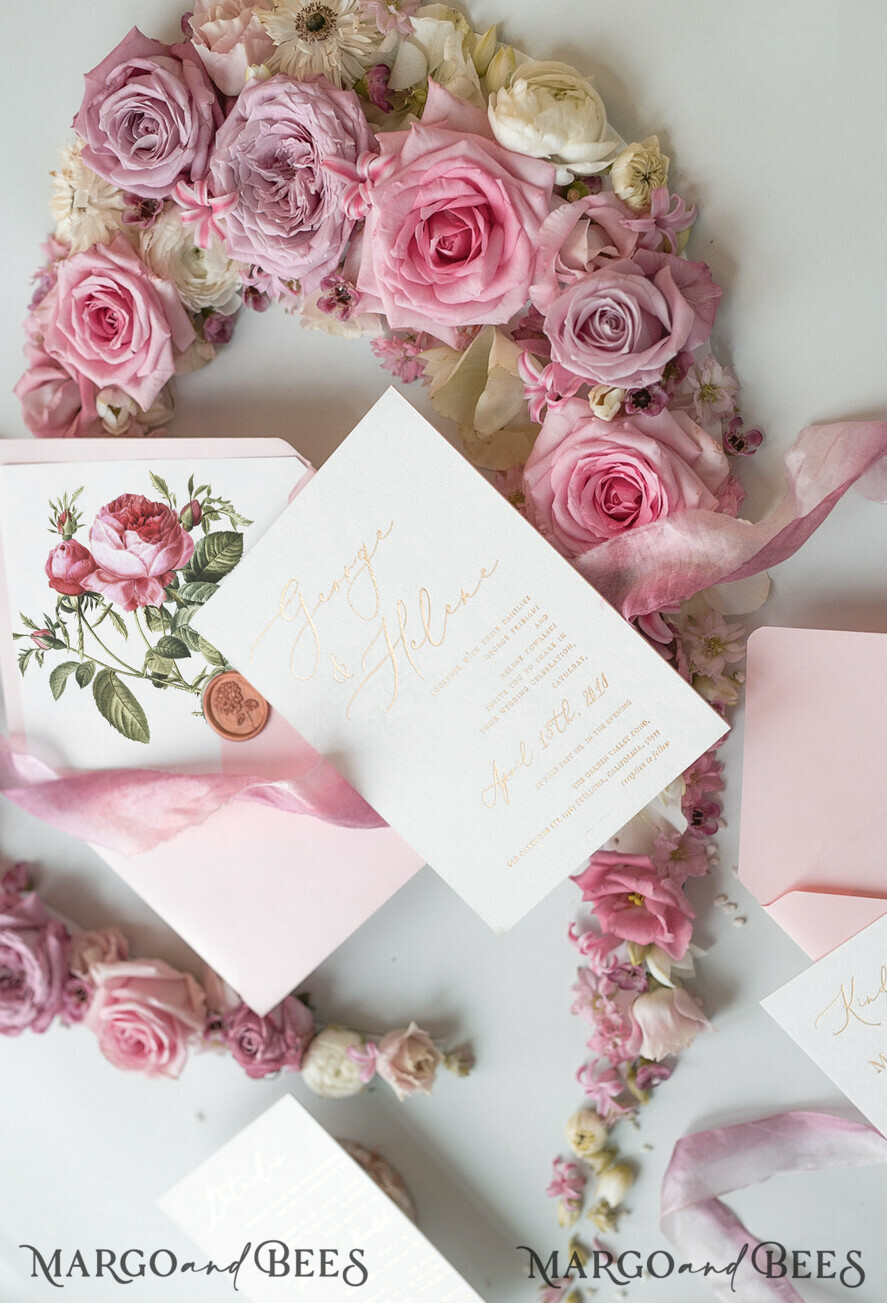 WEDDING INVITATIONS Elegant Invites Classic Cards Elegant Personalized Wedding Invitations Romantic Stationery with Vintage Garden Roses and Handmade Silk Bow Gold Foil Letters Blush Pink Envelope