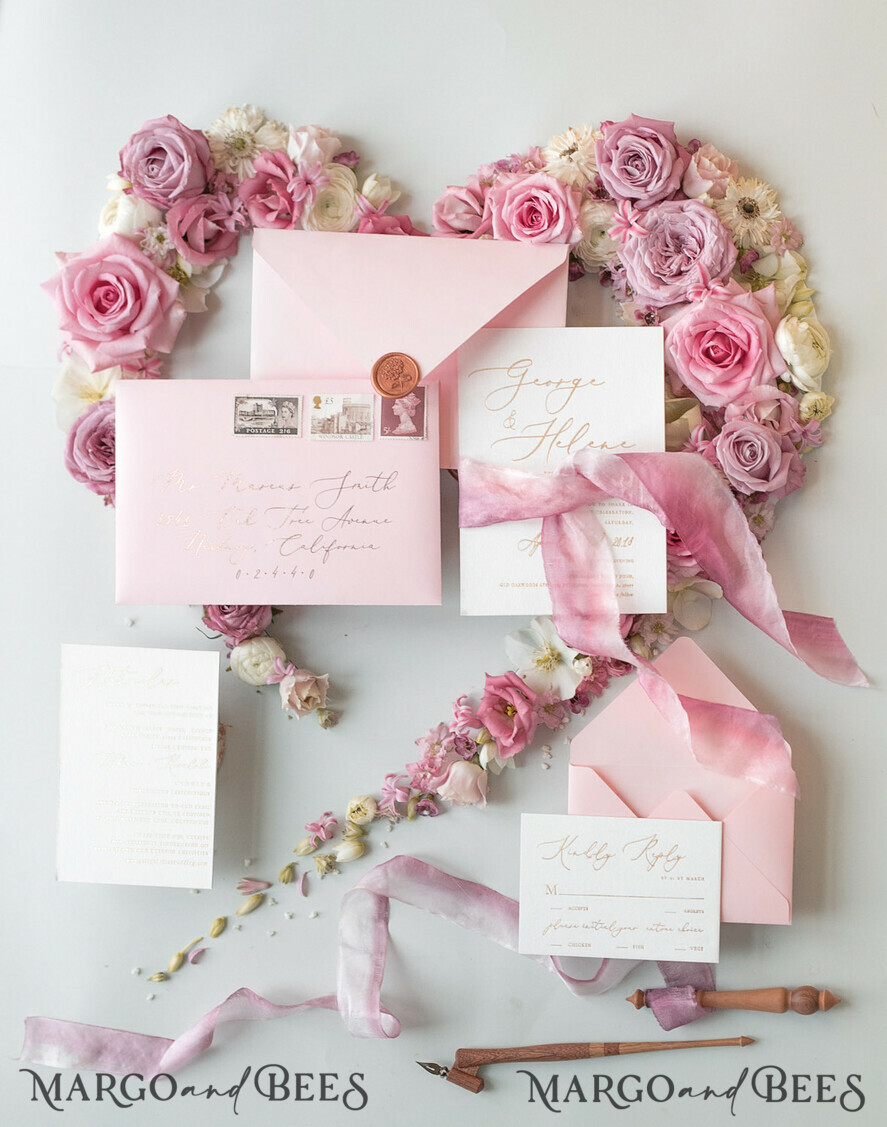 WEDDING INVITATIONS Elegant Invites Classic Cards Elegant Personalized Wedding Invitations Romantic Stationery with Vintage Garden Roses and Handmade Silk Bow Gold Foil Letters Blush Pink Envelope