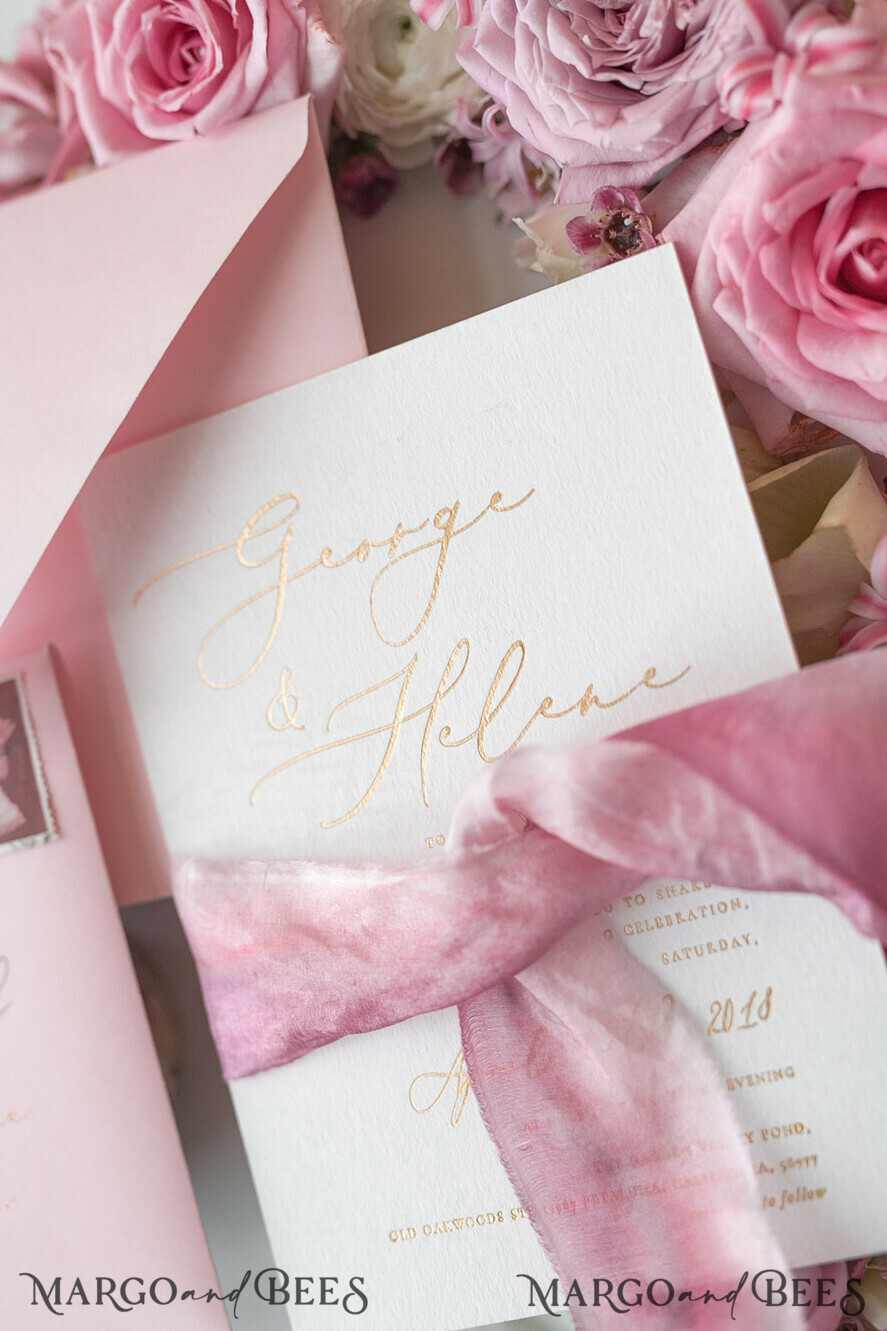 WEDDING INVITATIONS Elegant Invites Classic Cards Elegant Personalized Wedding Invitations Romantic Stationery with Vintage Garden Roses and Handmade Silk Bow Gold Foil Letters Blush Pink Envelope