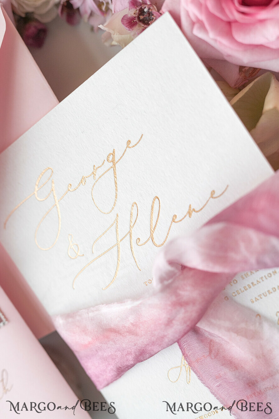 WEDDING INVITATIONS Elegant Invites Classic Cards Elegant Personalized Wedding Invitations Romantic Stationery with Vintage Garden Roses and Handmade Silk Bow Gold Foil Letters Blush Pink Envelope
