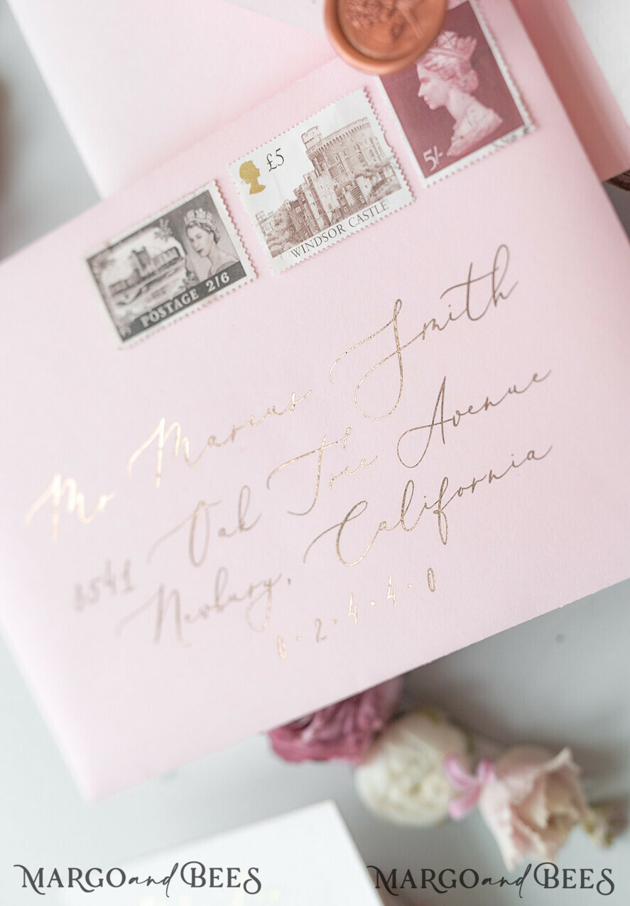 WEDDING INVITATIONS Elegant Invites Classic Cards Elegant Personalized Wedding Invitations Romantic Stationery with Vintage Garden Roses and Handmade Silk Bow Gold Foil Letters Blush Pink Envelope
