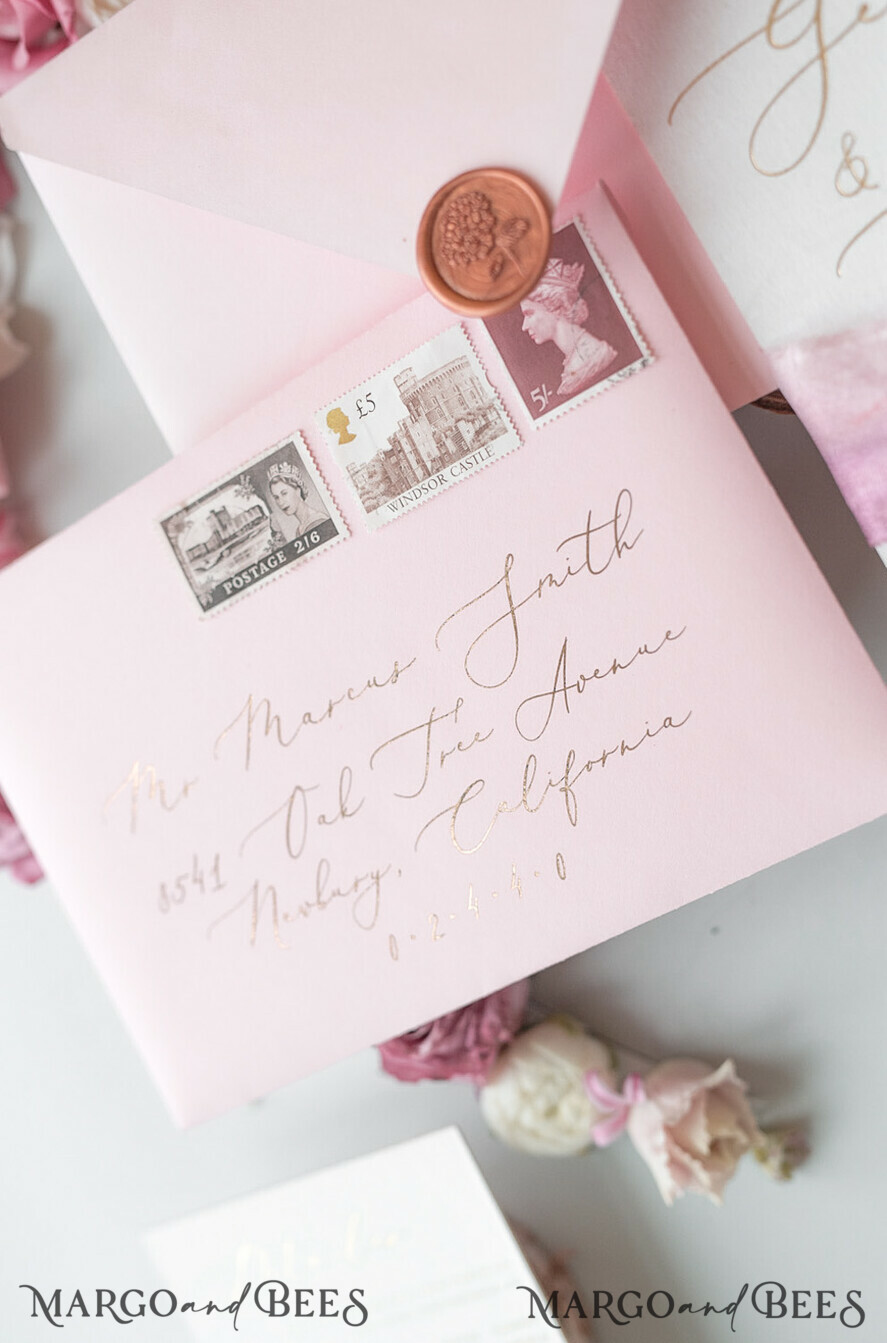 WEDDING INVITATIONS Elegant Invites Classic Cards Elegant Personalized Wedding Invitations Romantic Stationery with Vintage Garden Roses and Handmade Silk Bow Gold Foil Letters Blush Pink Envelope