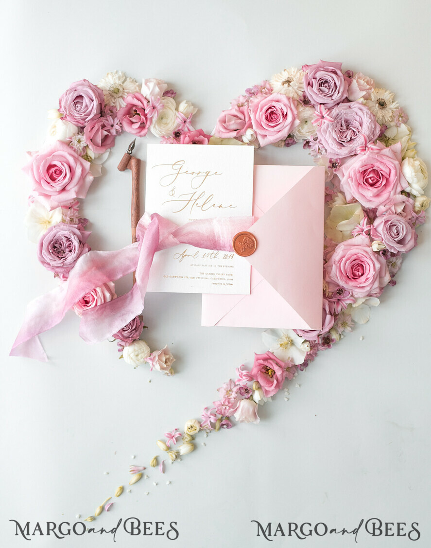 WEDDING INVITATIONS Elegant Invites Classic Cards Elegant Personalized Wedding Invitations Romantic Stationery with Vintage Garden Roses and Handmade Silk Bow Gold Foil Letters Blush Pink Envelope