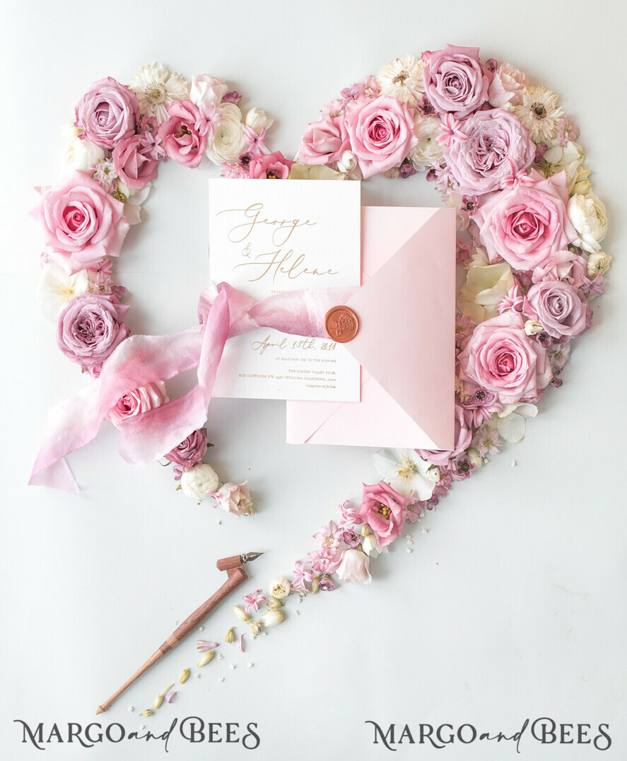 WEDDING INVITATIONS Elegant Invites Classic Cards Elegant Personalized Wedding Invitations Romantic Stationery with Vintage Garden Roses and Handmade Silk Bow Gold Foil Letters Blush Pink Envelope