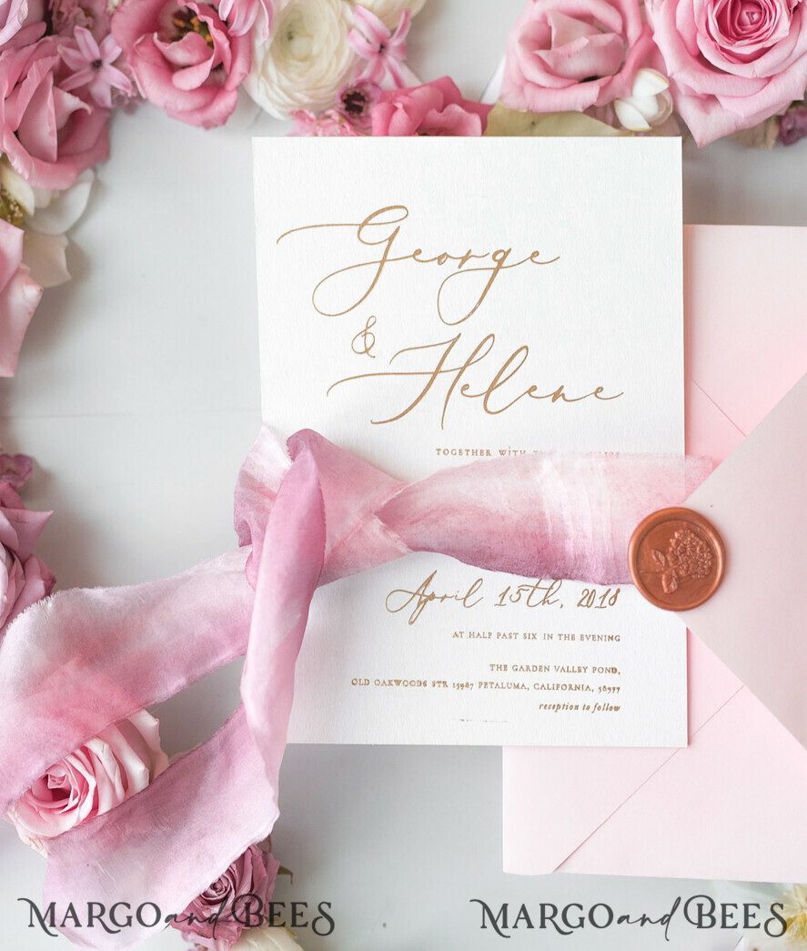 WEDDING INVITATIONS Elegant Invites Classic Cards Elegant Personalized Wedding Invitations Romantic Stationery with Vintage Garden Roses and Handmade Silk Bow Gold Foil Letters Blush Pink Envelope
