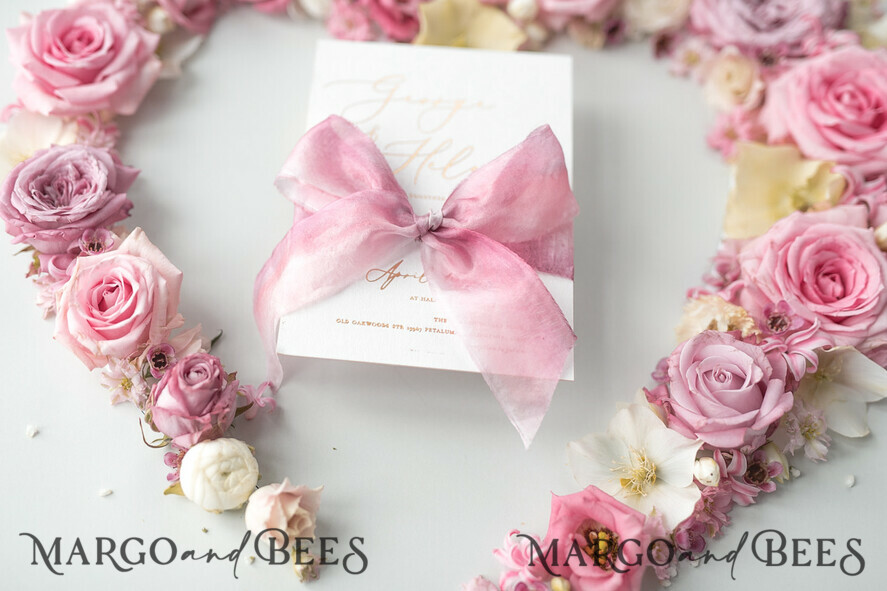 WEDDING INVITATIONS Elegant Invites Classic Cards Elegant Personalized Wedding Invitations Romantic Stationery with Vintage Garden Roses and Handmade Silk Bow Gold Foil Letters Blush Pink Envelope