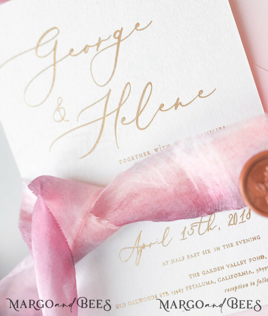 WEDDING INVITATIONS Elegant Invites Classic Cards Elegant Personalized Wedding Invitations Romantic Stationery with Vintage Garden Roses and Handmade Silk Bow Gold Foil Letters Blush Pink Envelope