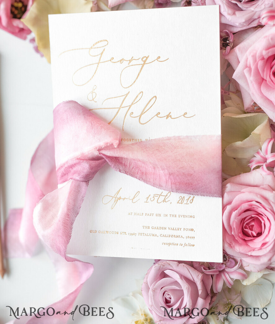 WEDDING INVITATIONS Elegant Invites Classic Cards Elegant Personalized Wedding Invitations Romantic Stationery with Vintage Garden Roses and Handmade Silk Bow Gold Foil Letters Blush Pink Envelope