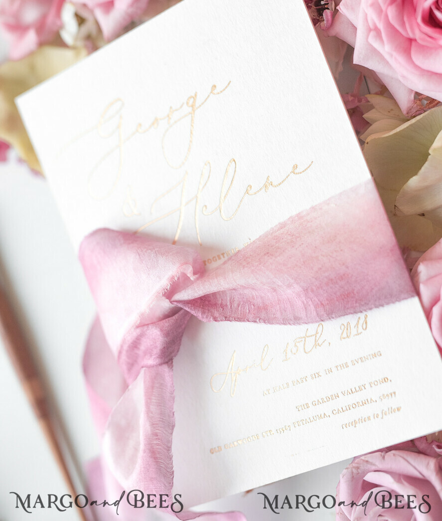WEDDING INVITATIONS Elegant Invites Classic Cards Elegant Personalized Wedding Invitations Romantic Stationery with Vintage Garden Roses and Handmade Silk Bow Gold Foil Letters Blush Pink Envelope