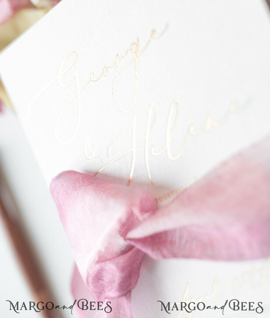 WEDDING INVITATIONS Elegant Invites Classic Cards Elegant Personalized Wedding Invitations Romantic Stationery with Vintage Garden Roses and Handmade Silk Bow Gold Foil Letters Blush Pink Envelope