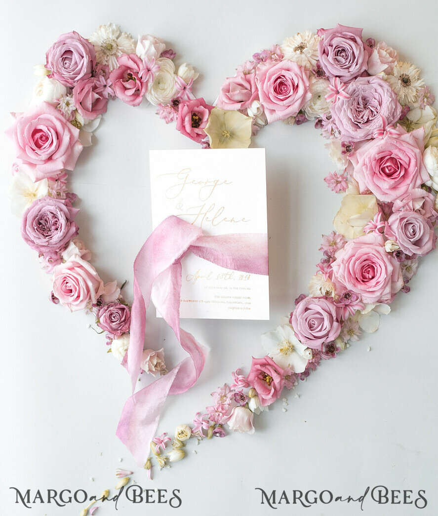 WEDDING INVITATIONS Elegant Invites Classic Cards Elegant Personalized Wedding Invitations Romantic Stationery with Vintage Garden Roses and Handmade Silk Bow Gold Foil Letters Blush Pink Envelope