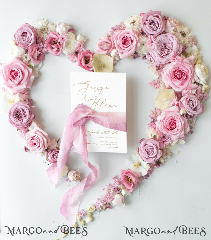 WEDDING INVITATIONS Elegant Invites Classic Cards Elegant Personalized Wedding Invitations Romantic Stationery with Vintage Garden Roses and Handmade Silk Bow Gold Foil Letters Blush Pink Envelope