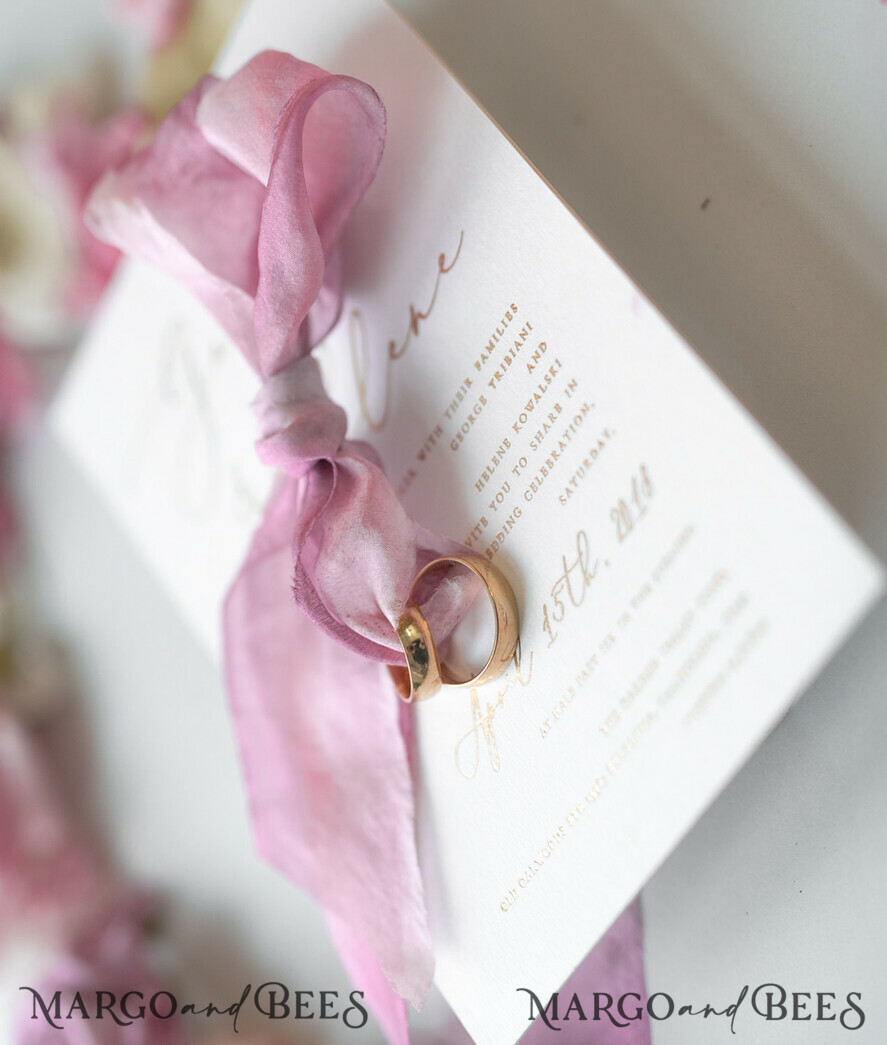 WEDDING INVITATIONS Elegant Invites Classic Cards Elegant Personalized Wedding Invitations Romantic Stationery with Vintage Garden Roses and Handmade Silk Bow Gold Foil Letters Blush Pink Envelope