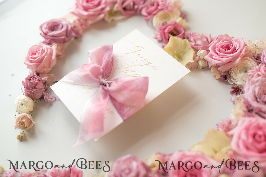 WEDDING INVITATIONS Elegant Invites Classic Cards Elegant Personalized Wedding Invitations Romantic Stationery with Vintage Garden Roses and Handmade Silk Bow Gold Foil Letters Blush Pink Envelope