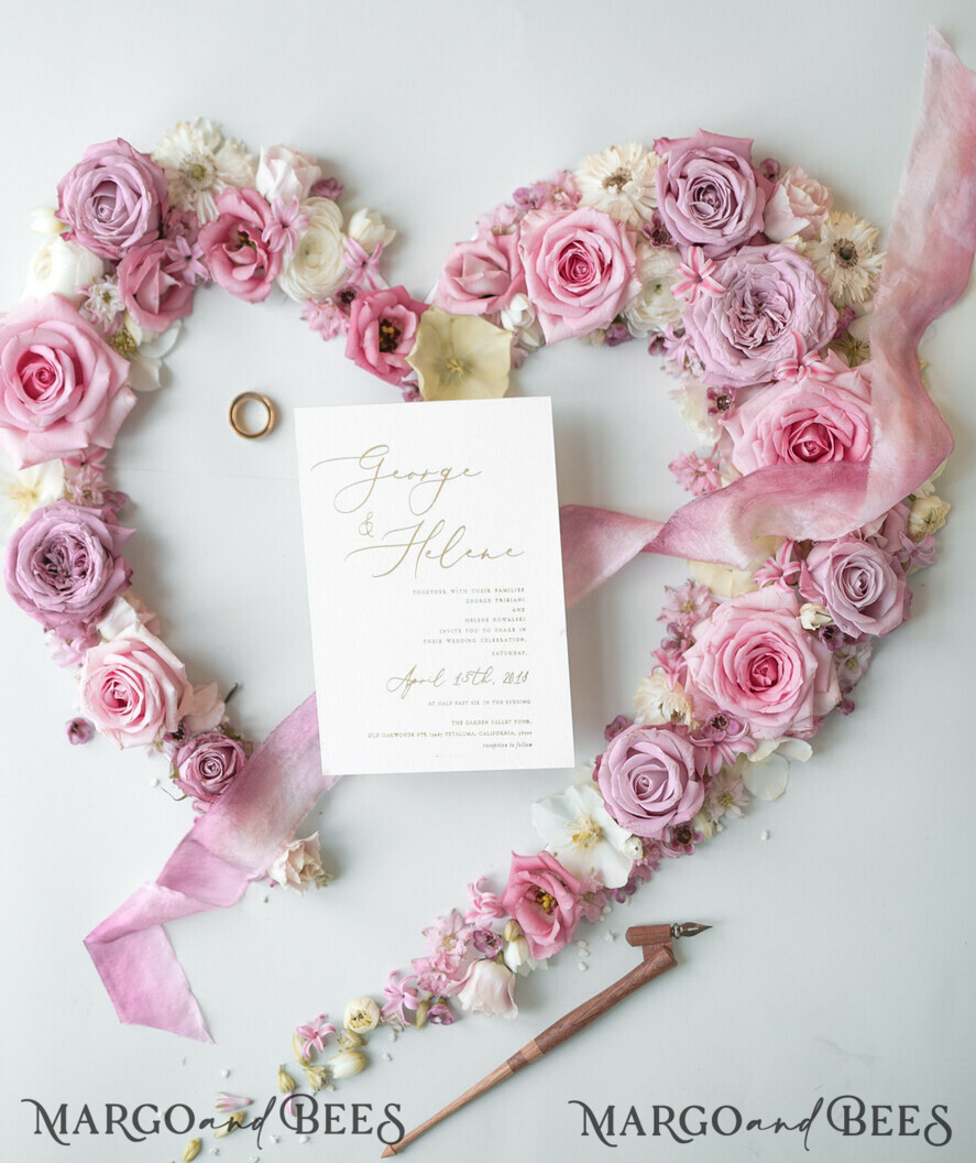 WEDDING INVITATIONS Elegant Invites Classic Cards Elegant Personalized Wedding Invitations Romantic Stationery with Vintage Garden Roses and Handmade Silk Bow Gold Foil Letters Blush Pink Envelope