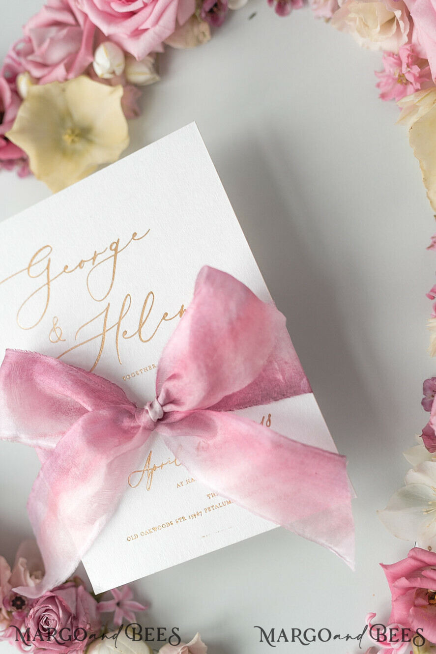 WEDDING INVITATIONS Elegant Invites Classic Cards Elegant Personalized Wedding Invitations Romantic Stationery with Vintage Garden Roses and Handmade Silk Bow Gold Foil Letters Blush Pink Envelope