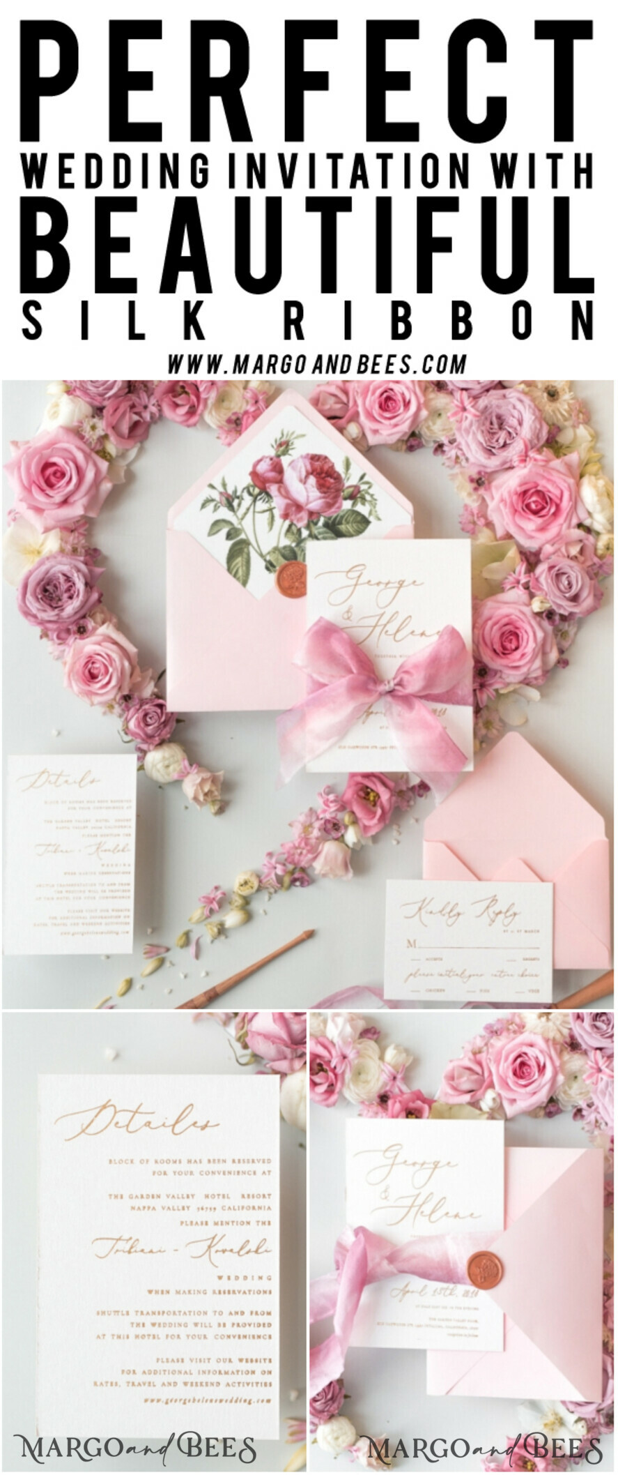 WEDDING INVITATIONS Elegant Invites Classic Cards Elegant Personalized Wedding Invitations Romantic Stationery with Vintage Garden Roses and Handmade Silk Bow Gold Foil Letters Blush Pink Envelope