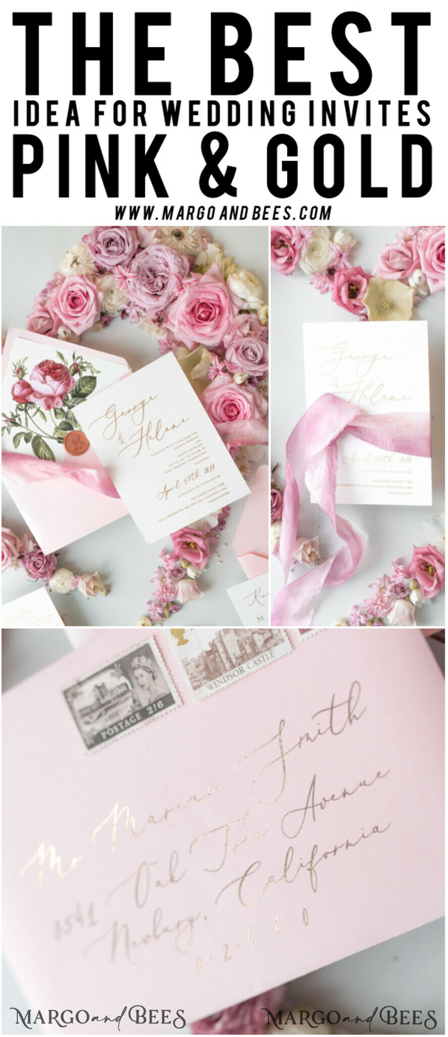 WEDDING INVITATIONS Elegant Invites Classic Cards Elegant Personalized Wedding Invitations Romantic Stationery with Vintage Garden Roses and Handmade Silk Bow Gold Foil Letters Blush Pink Envelope